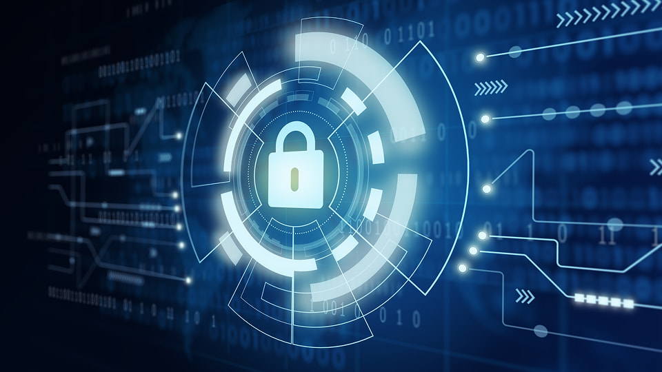 Digital padlock icon with futuristic interface representing cybersecurity and data protection.