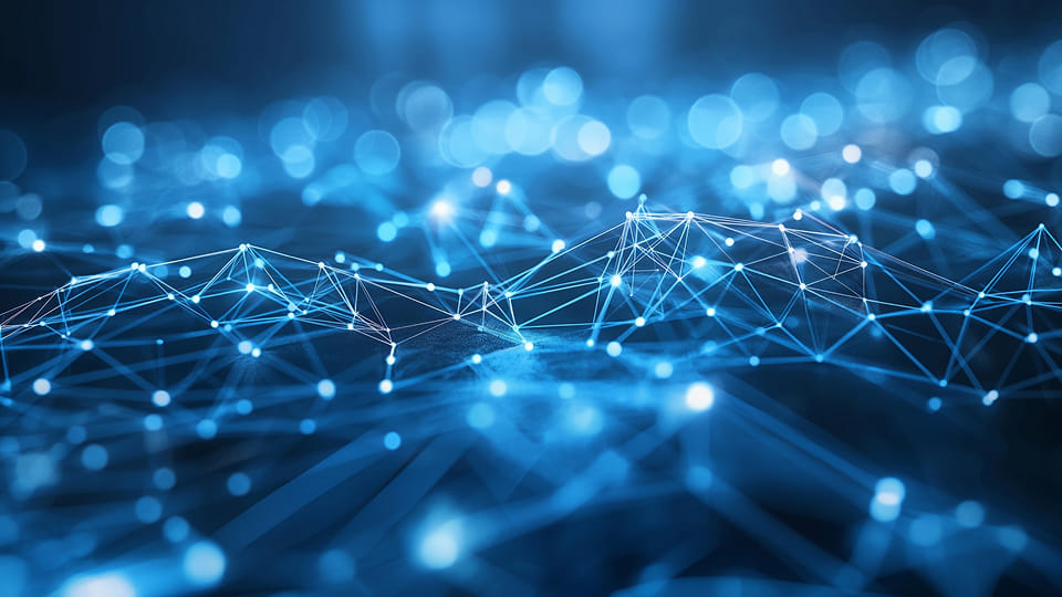 A network of interconnected blue glowing nodes and lines forming a complex digital web, illustrating data connections and advanced technology concepts