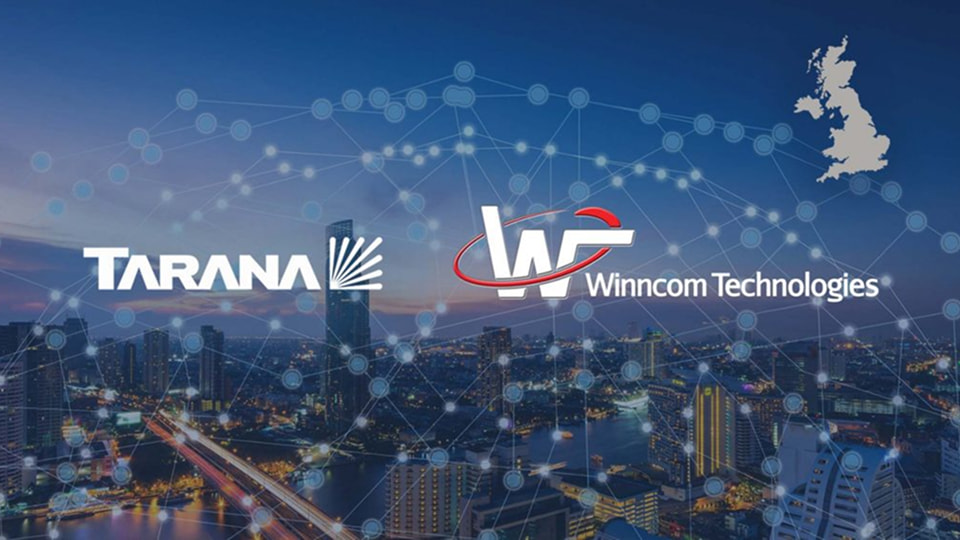 Tarana and Winncom Technologies logos over a connected city skyline, showcasing advanced wireless and networking solutions in the UK.